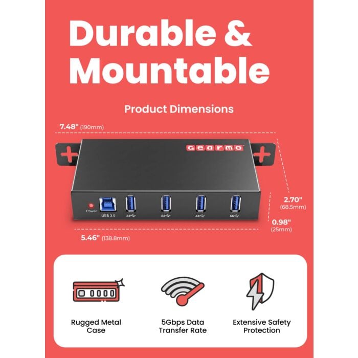 4-Port USB 3.0 Rugged Industrial DIN Rail & Surface Mount Hub