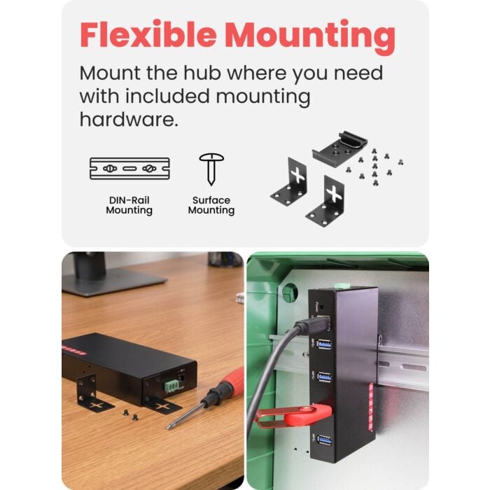 4-Port USB 3.0 Rugged Industrial DIN Rail & Surface Mount Hub