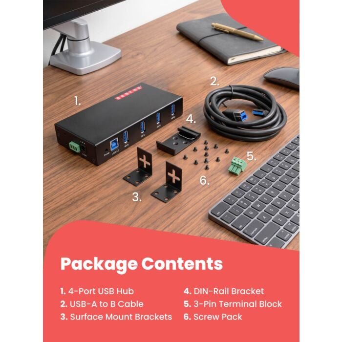 4-Port USB 3.0 Rugged Industrial DIN Rail & Surface Mount Hub