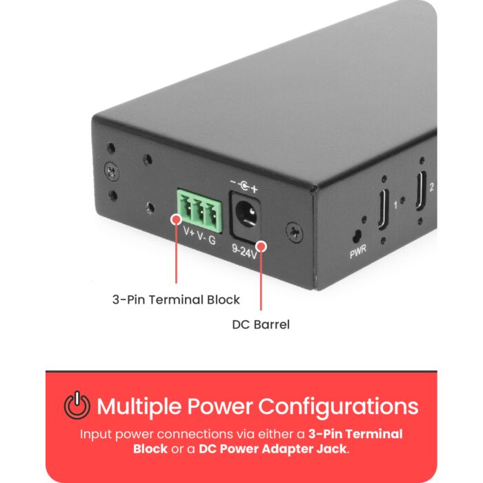 7-Port USB 3.2 Gen 2 Type-C Industrial Surface & DIN-Rail Mount Hub w/ ESD Surge Protection