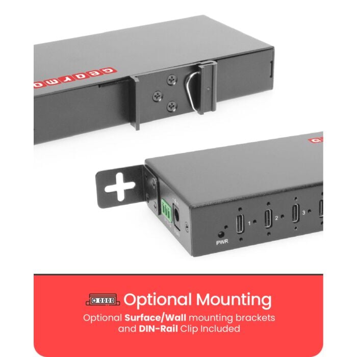 7-Port USB 3.2 Gen 2 Type-C Industrial Surface & DIN-Rail Mount Hub w/ ESD Surge Protection