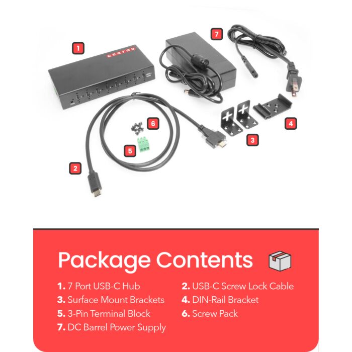 7-Port USB 3.2 Gen 2 Type-C Industrial Surface & DIN-Rail Mount Hub w/ ESD Surge Protection