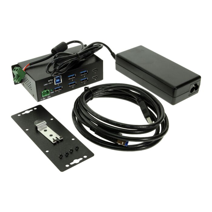 USB-C 7 Port Hub 2X Type-C 5X Type-A - DIN Rail - Power Adapter