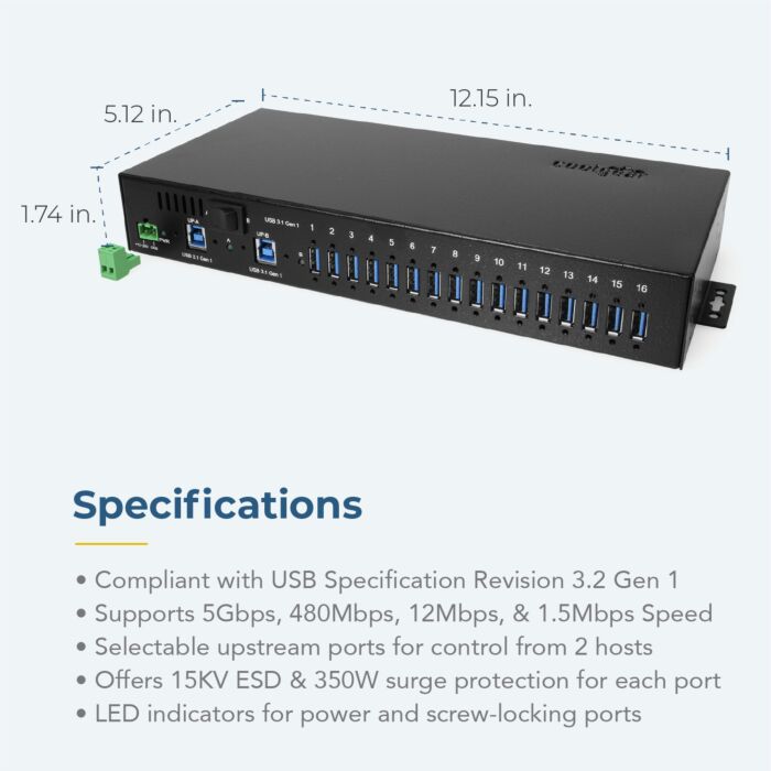 16 Port USB 3.2 Gen 1 Hub w/ ESD Surge Protection
