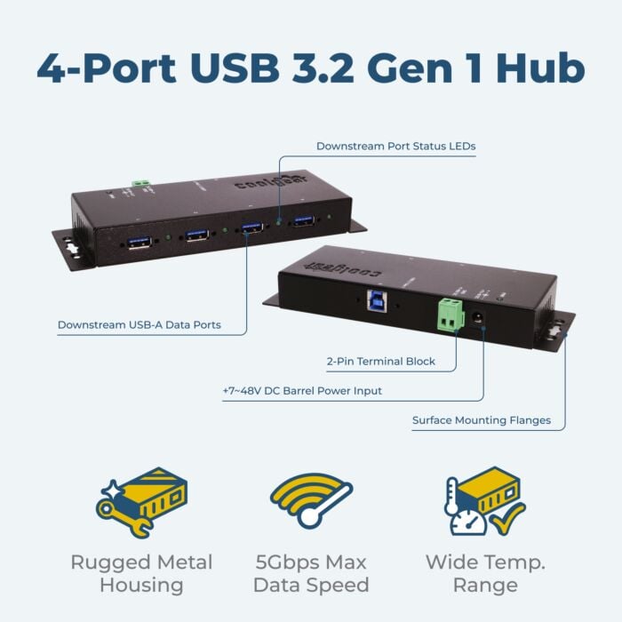 USB 3.2 G1 4-Port Industrial Hub w/ Power Supply, GL 3520 Chipset