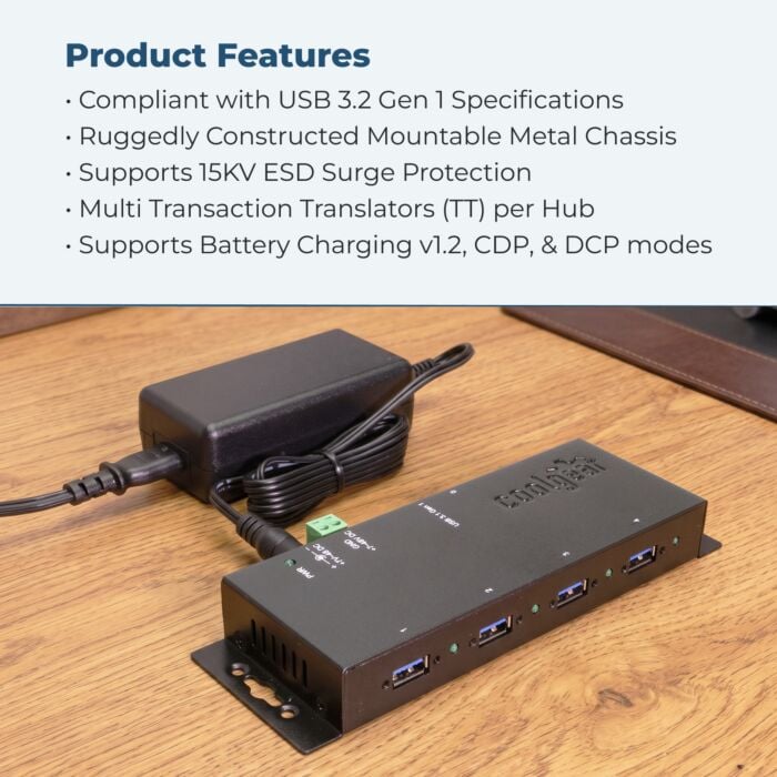 USB 3.2 G1 4-Port Industrial Hub w/ Power Supply, GL 3520 Chipset