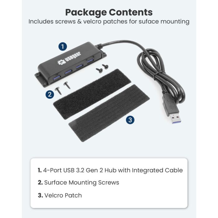4 Port USB 3.2 Gen 2 10Gbps Hub Type-A Host w/ Screw & Velcro Mount