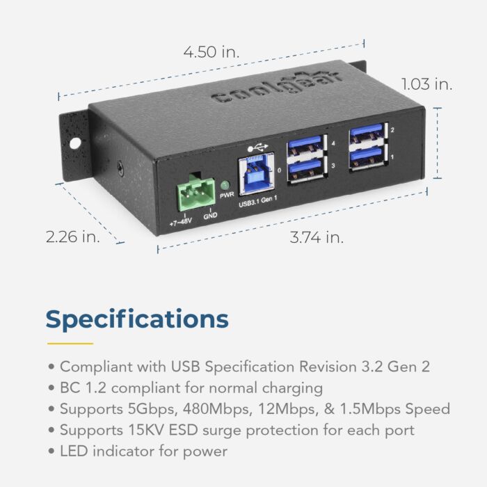 4 Port USB 3.2 Gen 1 Powered Hub w/ ESD Surge Protection