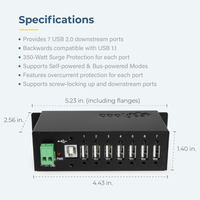 USB 2.0 7-Port hub with surge protection Din rail mounting - NEC chip