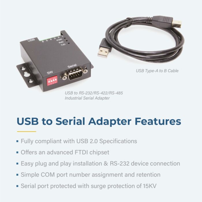 USB 2.0 to RS-232/422/485 Selectable Industrial Serial Adapter w/ 15kV ESD Surge Protection