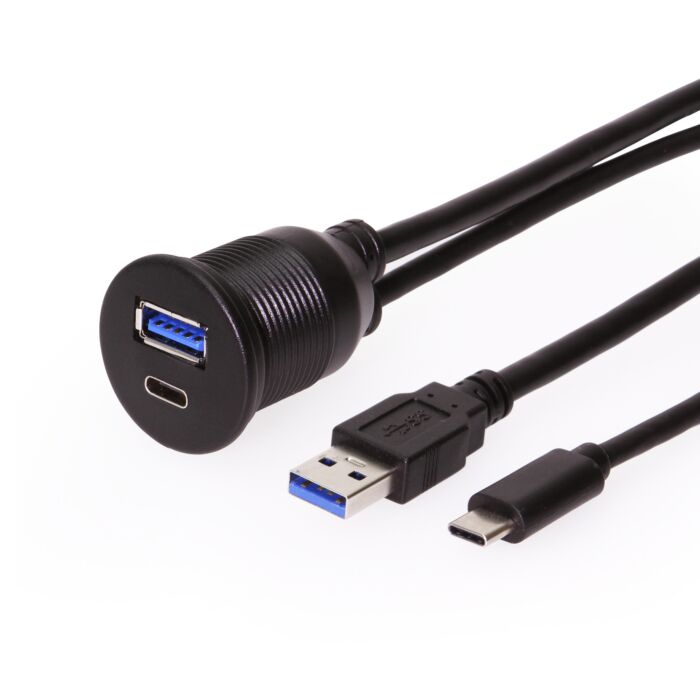 3ft. Panel Mount 1 USB-C 3.0 & 1 USB-A 3.0 Male to Female Extension Cable
