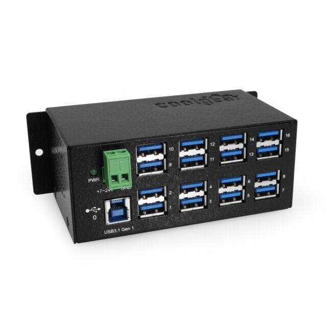 16-Port USB 3.2 Gen1 w/15KV ESD Surge Protection DIN Rail Mount