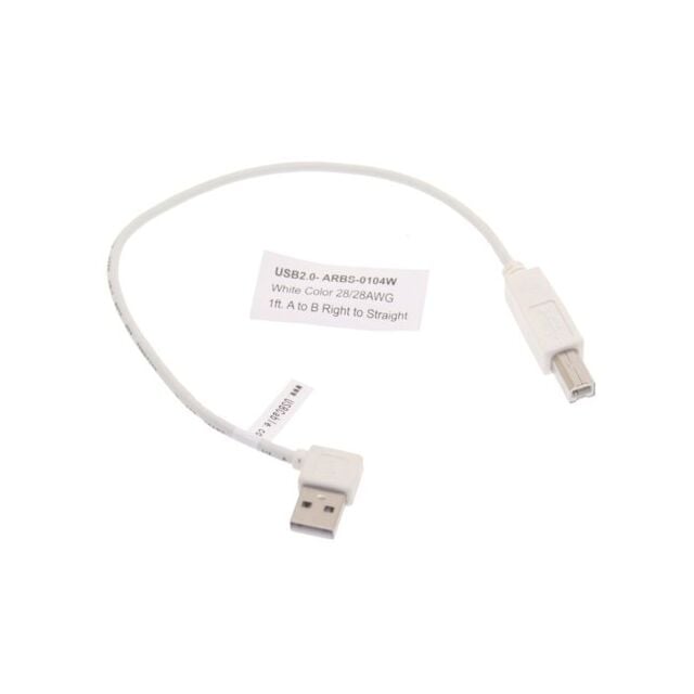 1ft. White Right to Straight A to B 28/28AWG Cable USB 2.0 RoHS