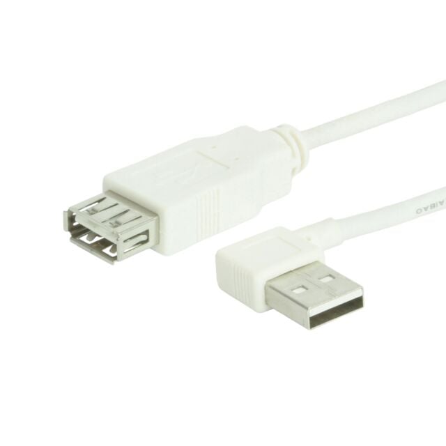 2ft. White USB 2.0 Extension Cable A male Right Angle to A Female