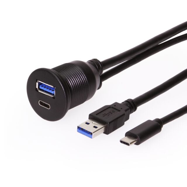 3ft. Panel Mount 1 USB-C 3.0 & 1 USB-A 3.0 Male to Female Extension Cable
